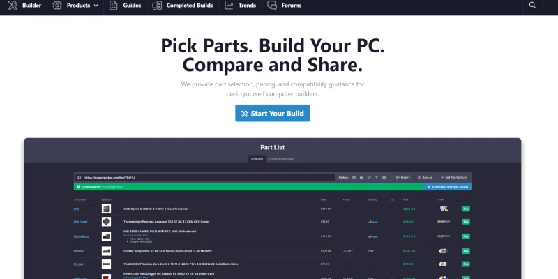 PCPartsPicker Website Homepage