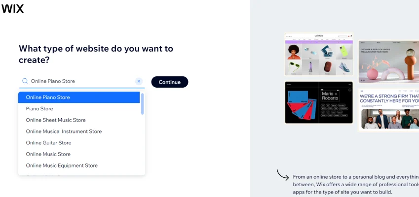 Wix asks for your preferences when you sign up